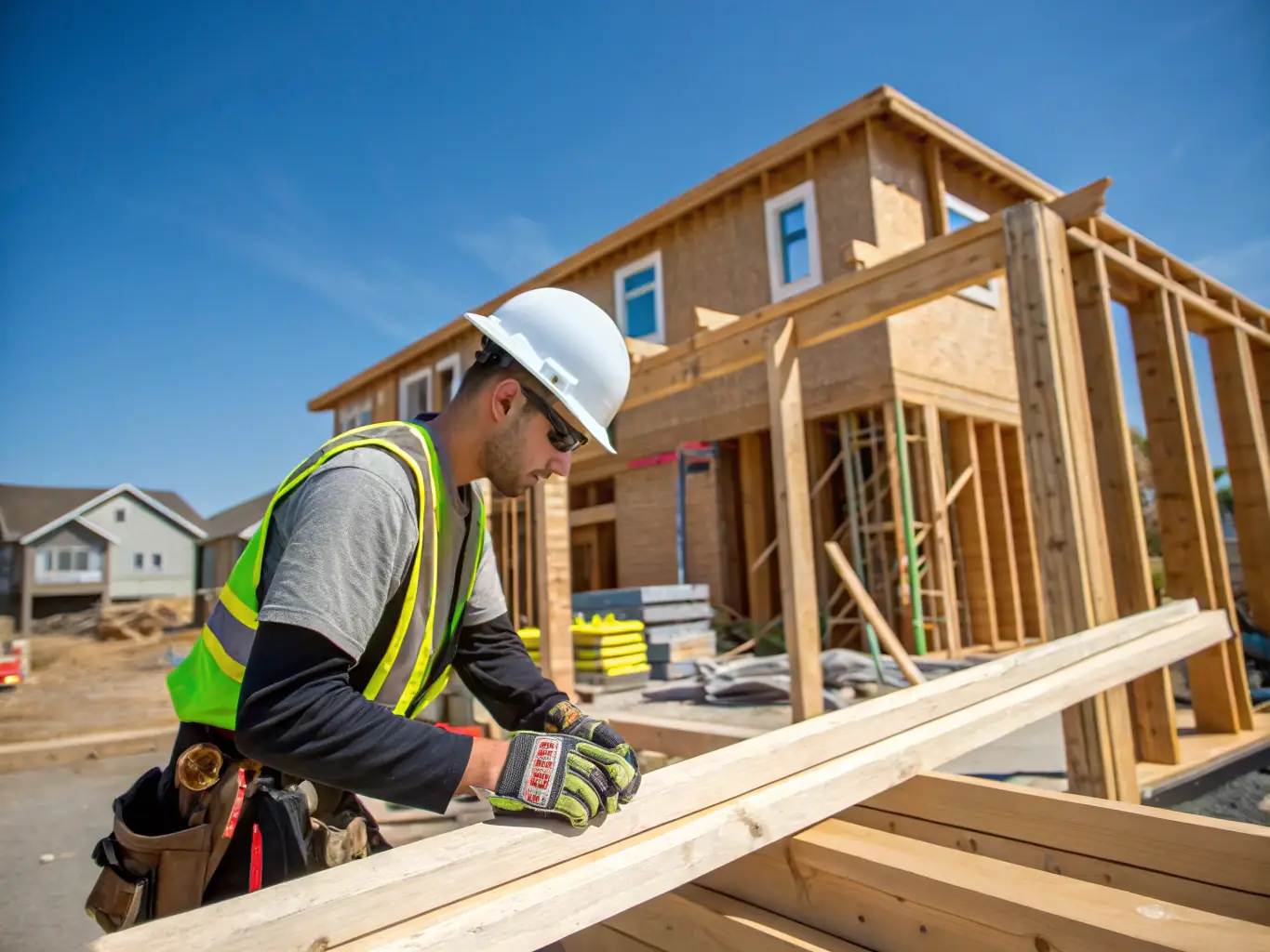 A construction site with workers building a residential home, showcasing active development, under a sunny sky.