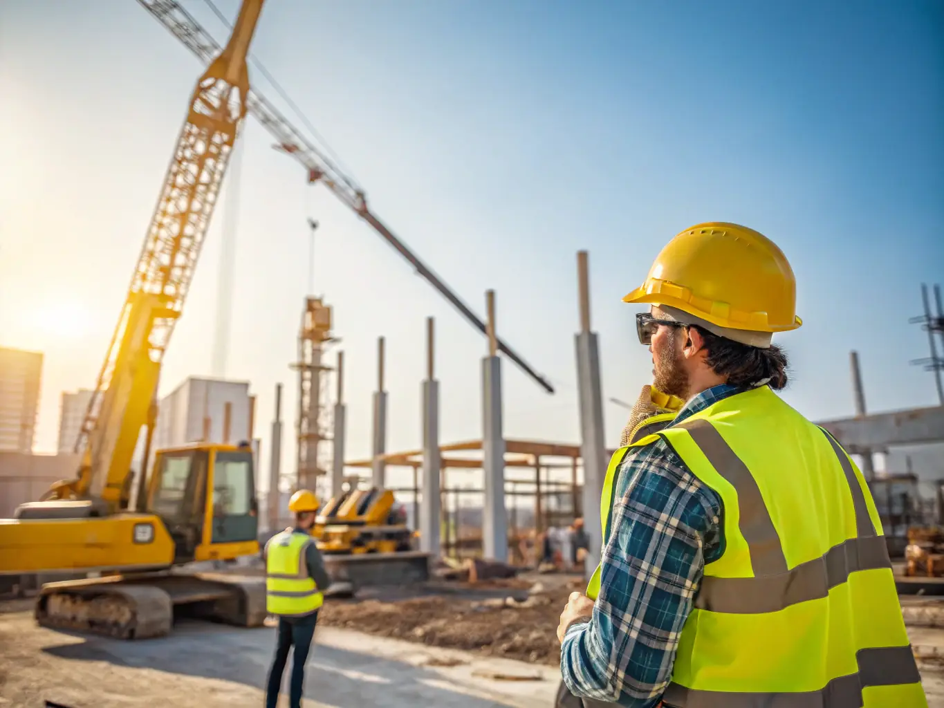 A construction site with workers building a residential home, showcasing active development, emphasizing Vanderpool Construction Servicing's expertise in property development and construction.