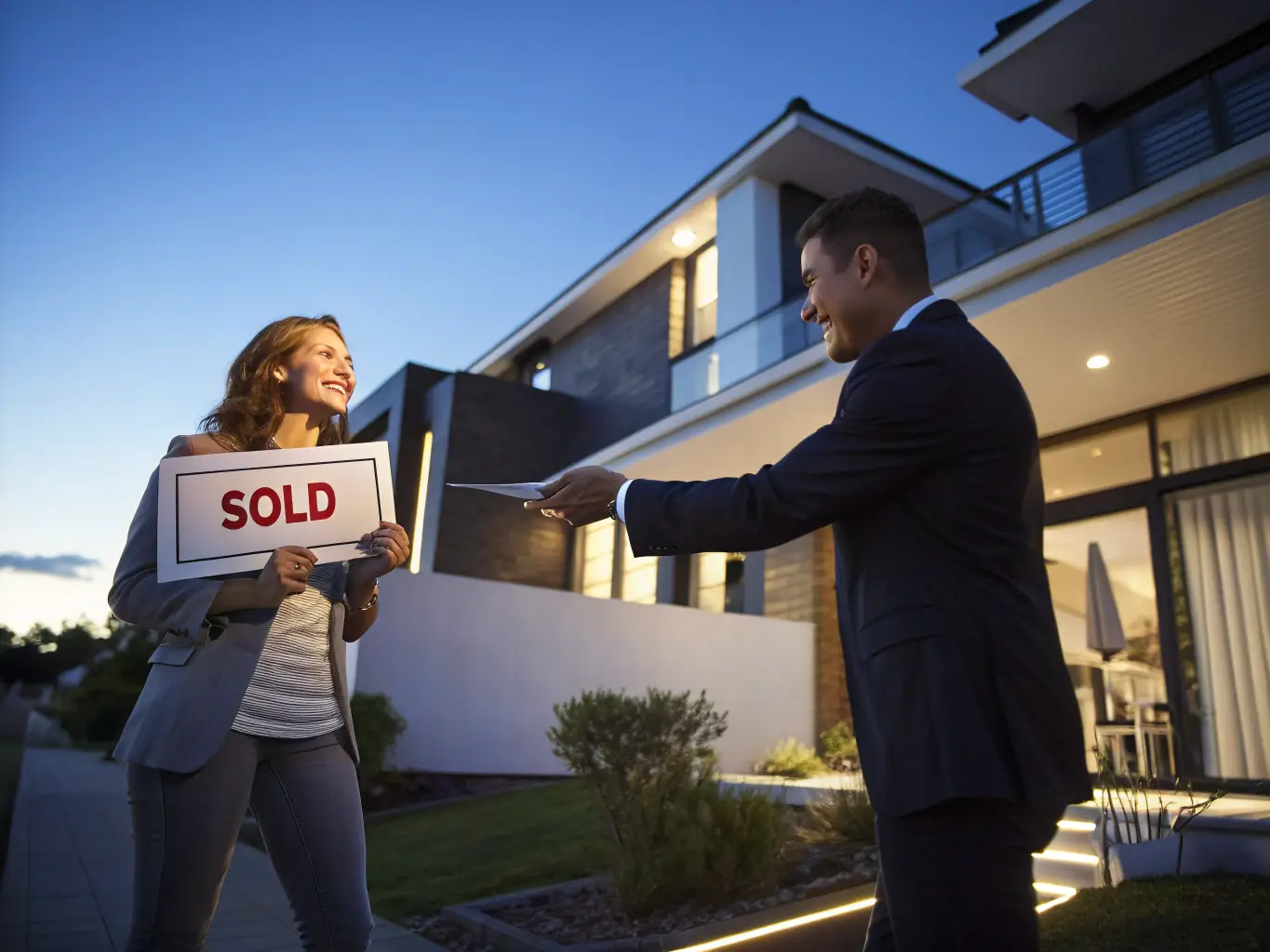 A real estate agent handing keys to a happy new homeowner, symbolizing Vanderpool Construction Servicing's commitment to successful property transactions.