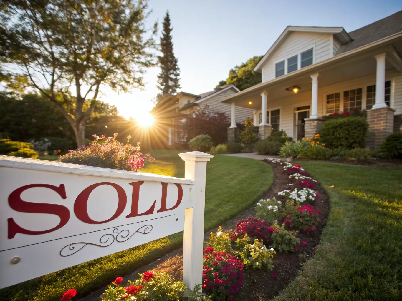 A renovated house with a 'Sold' sign in front, highlighting successful flipping projects, with a well-manicured lawn.